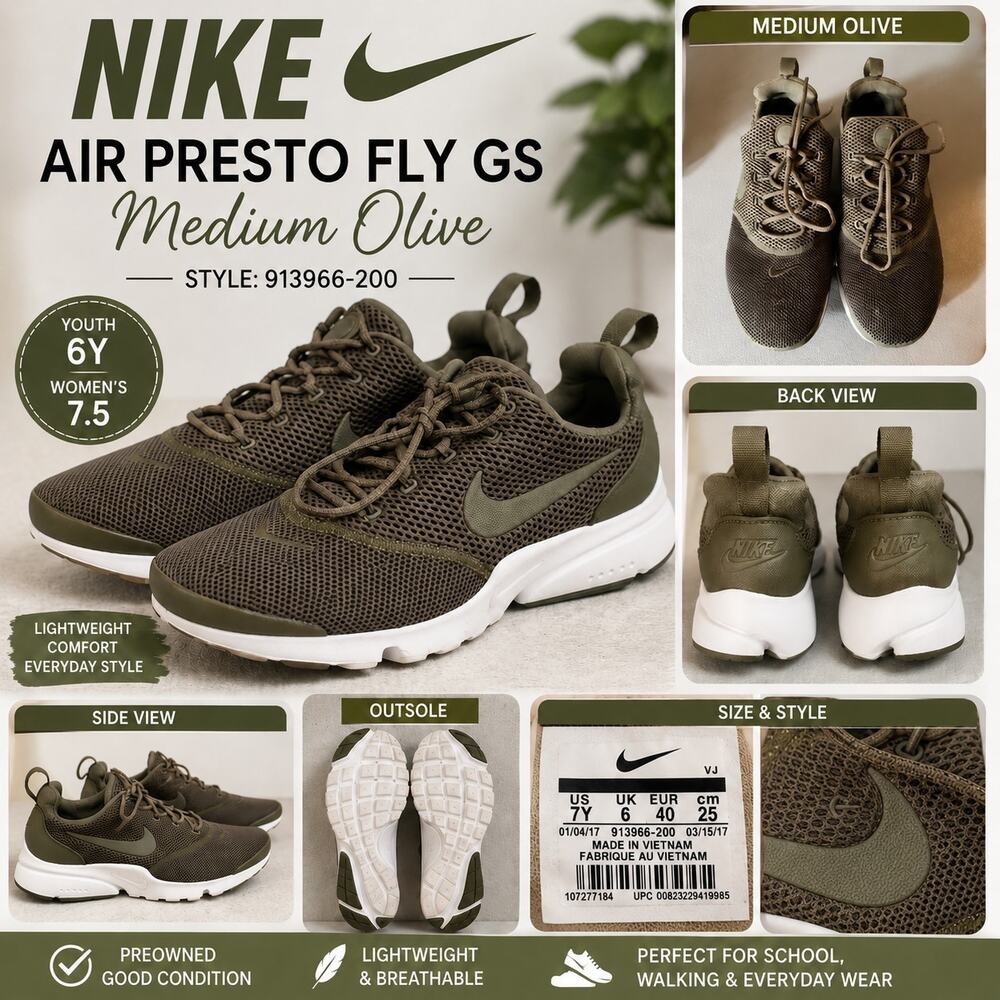 Nike Air Presto Fly GS Medium Olive Sneakers 6Y Womens 7.5 913966-200